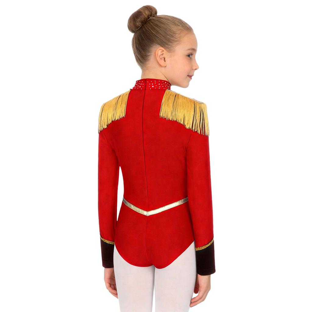 Leotard da Circo per Bambina Strass Manica Lunga Spalline Frangiate Tinta Unita Tuta Costume di Carnevale