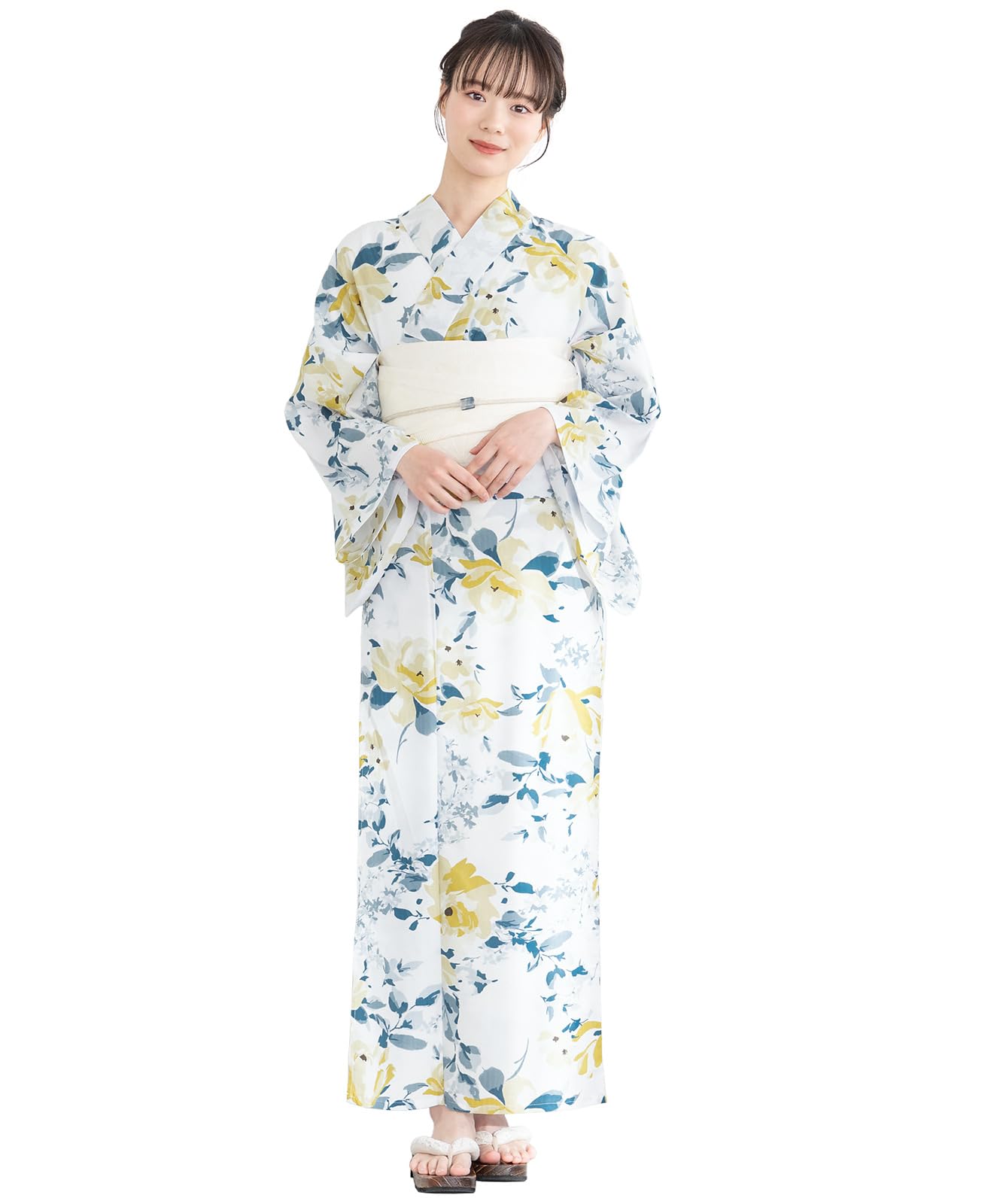 

[SOUBIEN] Soubien Yukata 2-Piece Set floro Women s (YukataHalf-width Obi) Free Size Yamabuki Rose Pattern x White ykt10131-obh01413