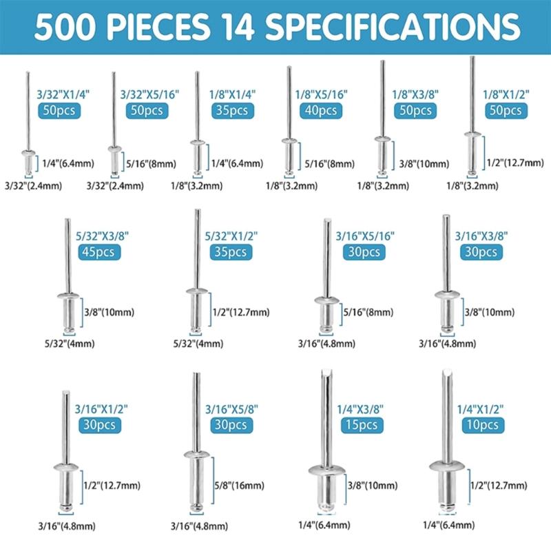 500pcs Metal Blind Rivets Assortment with Washers Versatile  Rivets set Comprehensive Assorted Blind Rivets set