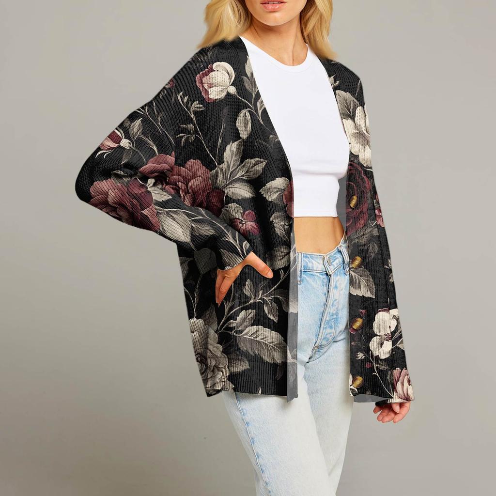 Women's Fashion Long Sleeve Print V-Neck Button Loose Cardigan Top