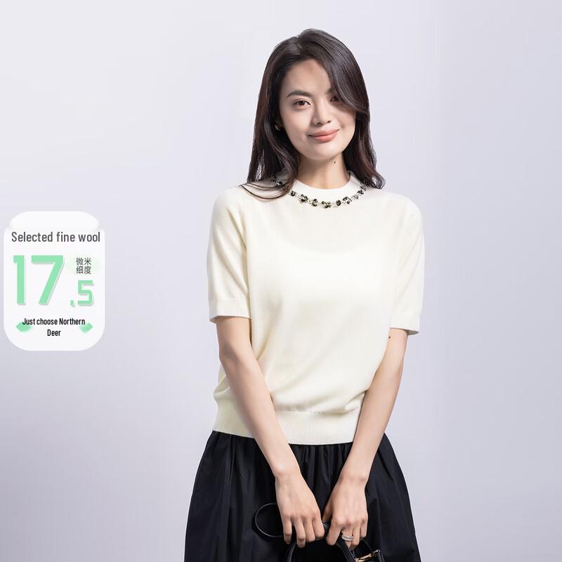 

Northern Deer 100% Merino Wool Sequined Round Neck Short Sleeve Knit Top L