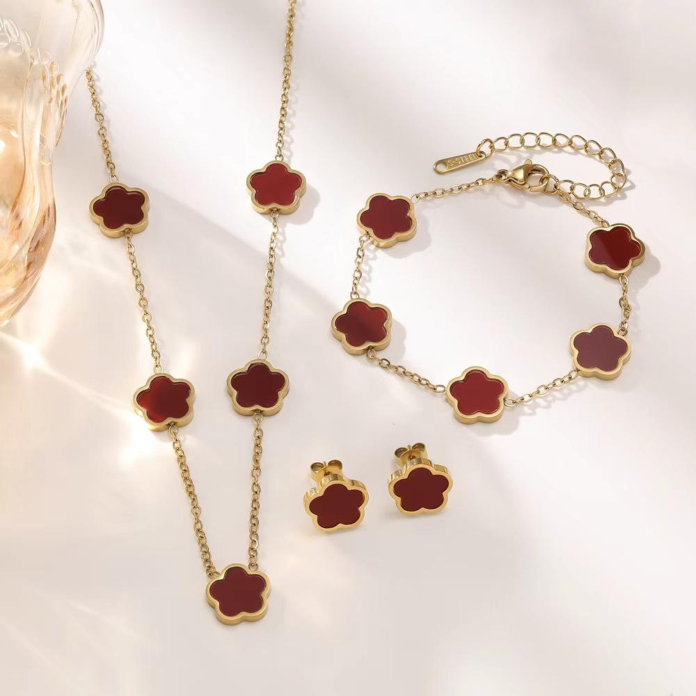 18K Gold Luxury Titanium Steel Shell Flower Jewelry Set: Bracelet, Necklace & Stud Earrings for Women