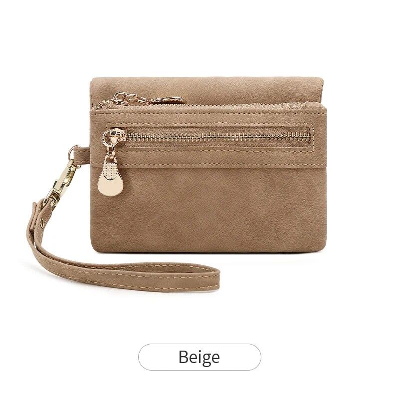 

Vintage Small Double Folding Zipper with Wrist Strap Short Wallet PU Leather Portable Multi Card Wallet with ID Window R978-Beige