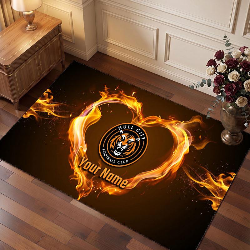Hull City Custom Crystal Velvet Rug, Personalized Name Text Print, Football Logo Soft Non‑Slip Floor Mat Home Decor Gift