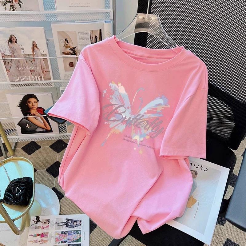Butterfly Printed Cotton Short-sleeved T-shirt Women's Summer New Design Sense Fashionable Versatile Large-size Half-sleeved Top