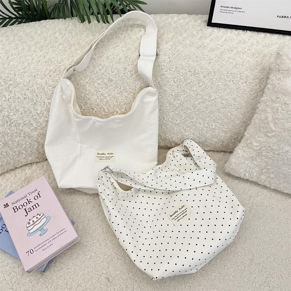 91 Sweet pink star printed polka dot shoulder canvas bag large capacity tote bag commuter fabric messenger bag