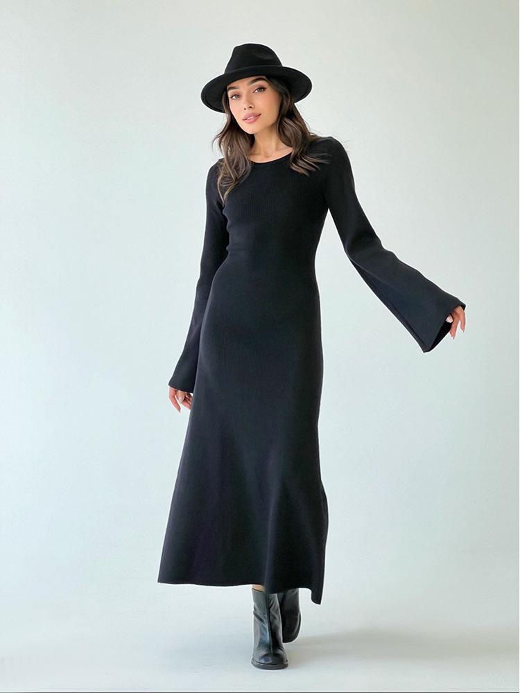 

Chic Solid Color Round Neck Bell Sleeve Long Dress - Autumn/Winter Elegant Waist-Cinching Casual Dress One Size