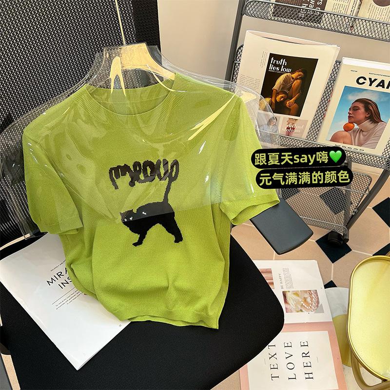 

Sweet cool style black kitten letter embroidered knitted sweater women s summer short thin playful sweet pullover trendy one size fits all зелёный