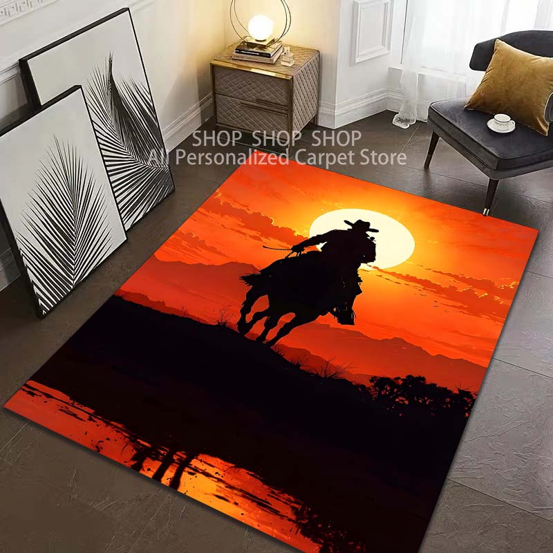 1 Stück Teppich mit Western-Cowboy-Druck für Wohnzimmer, Schlafzimmer, Sofa, Heimdekoration, rutschfeste Bodenmatte, moderner Teppich, große Größe