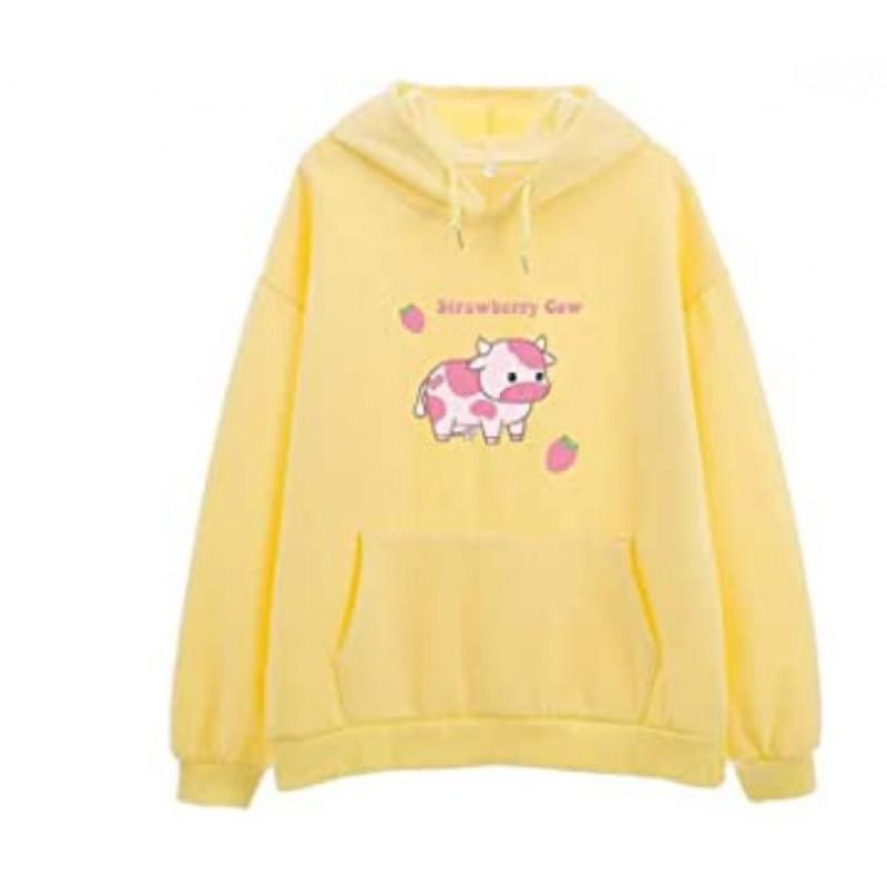Womens Strawberry Milk Print Hoodie Long Sleeve Cute Harajuku Style Loose Fit Sweatshirt