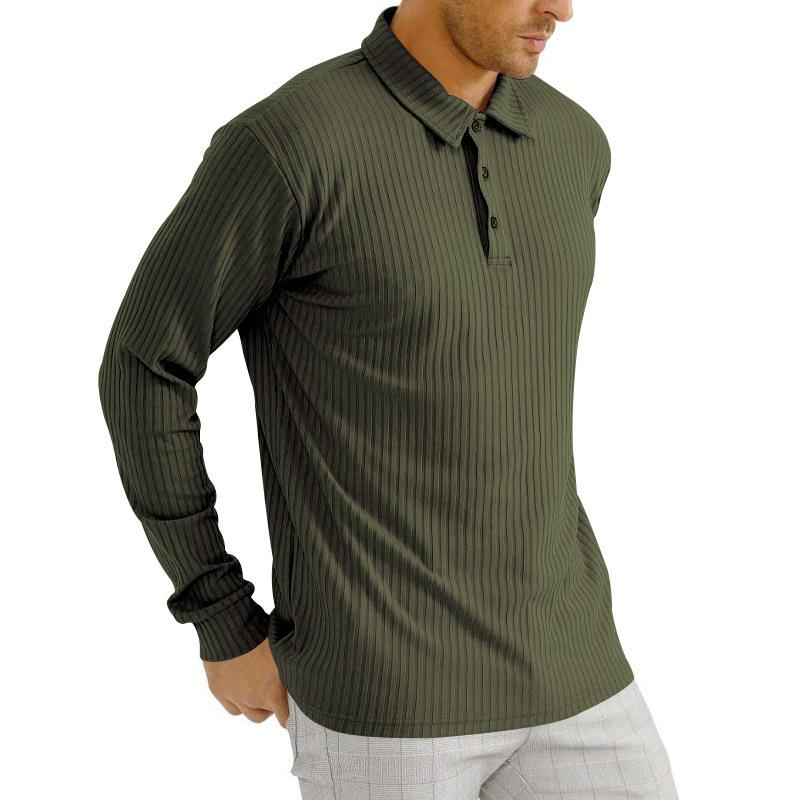 Men's Spring Autumn Solid Color Tops White Black Elastic Knitted Shirts Long Sleeve Button Polo Collar Shirt