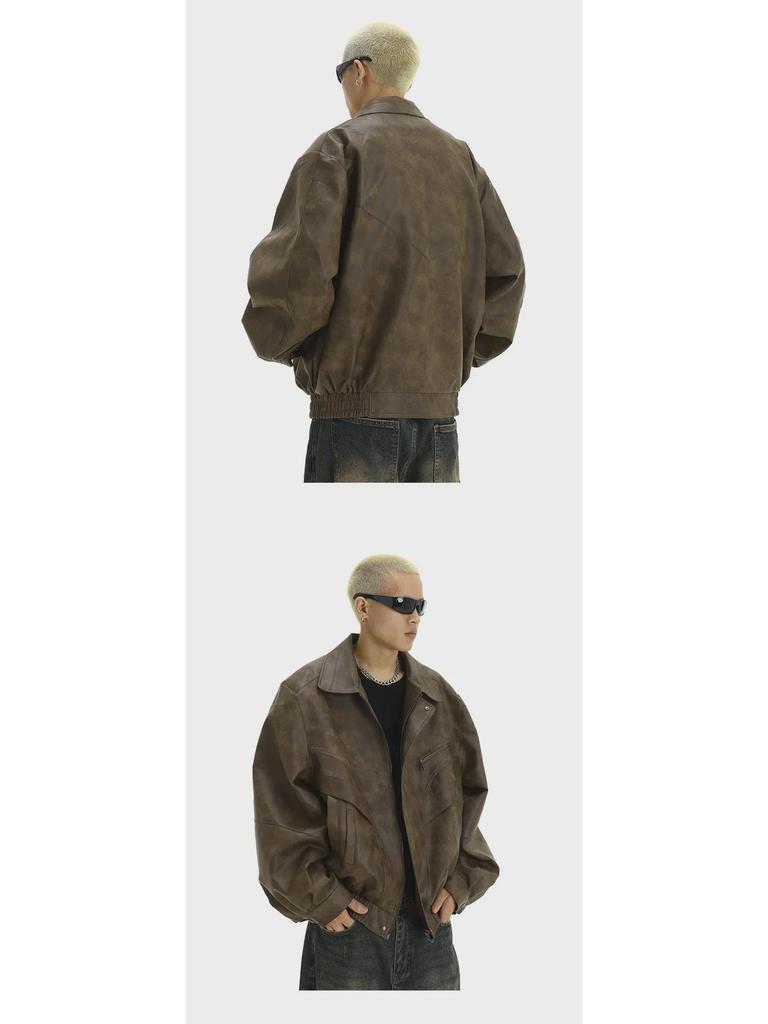 Men's Trendy Retro Brown Distressed Leather Jacket - Cool Design, Casual Lapel, Perfect for Couples