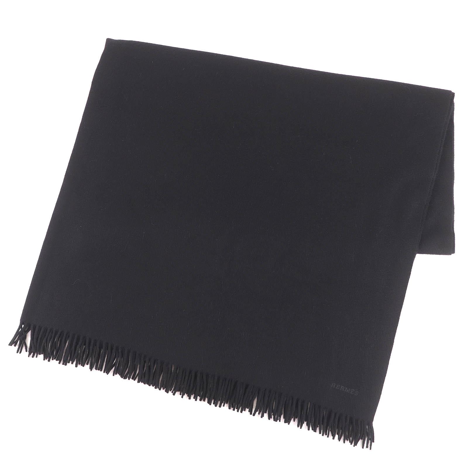 

Great HERMES Logo embroidered fringe extra large shawl stole black cashmere Used