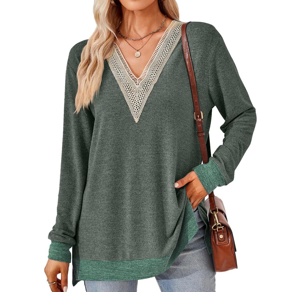 Herbst und Winter Damenbluse mit V-Ausschnitt, Spitze, einfarbig, lockere Langarm-Tops