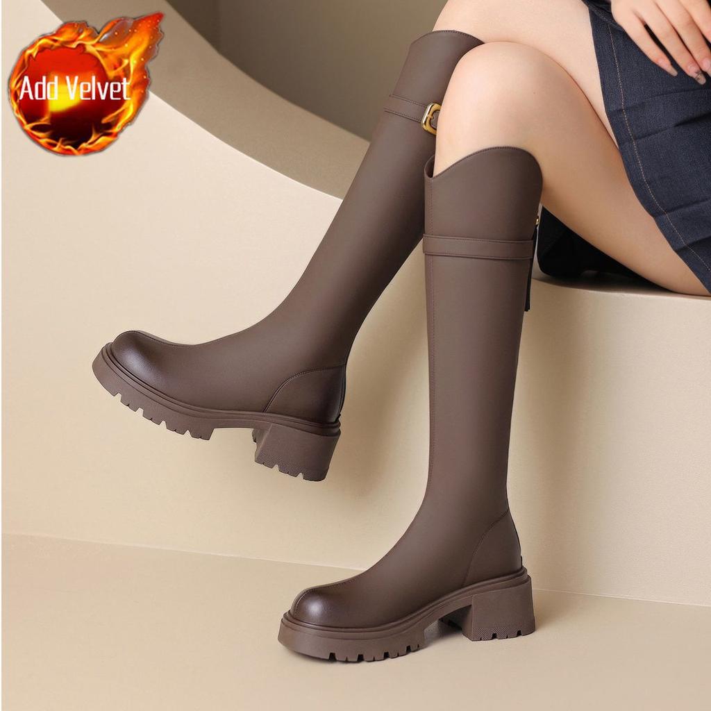 Fashion Autumn Winter Fleece-Lined Leather Round Toe Platform Ladies Knee High Shaft Shoes Fashion 2025 Cosplay Work Women's Long Boots