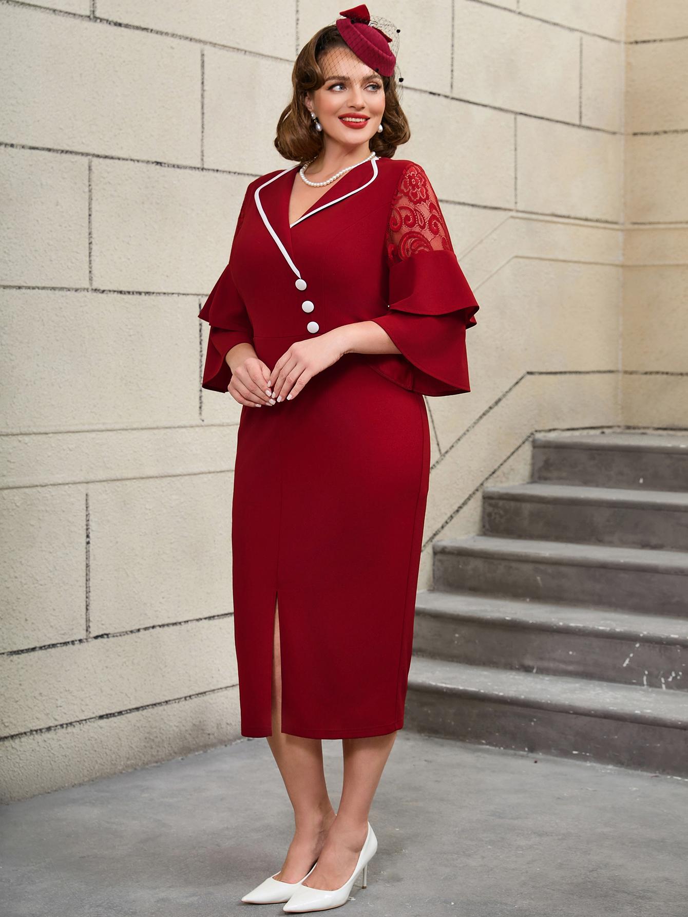 

Винтажное красное облегающее миди-платье больших размеров с рукавами-колокольчиками с оборками и белой отделкой, V-образный вырез, элегантные вечерние платья для женщин, формальный наряд для офисной леди 4XL винный