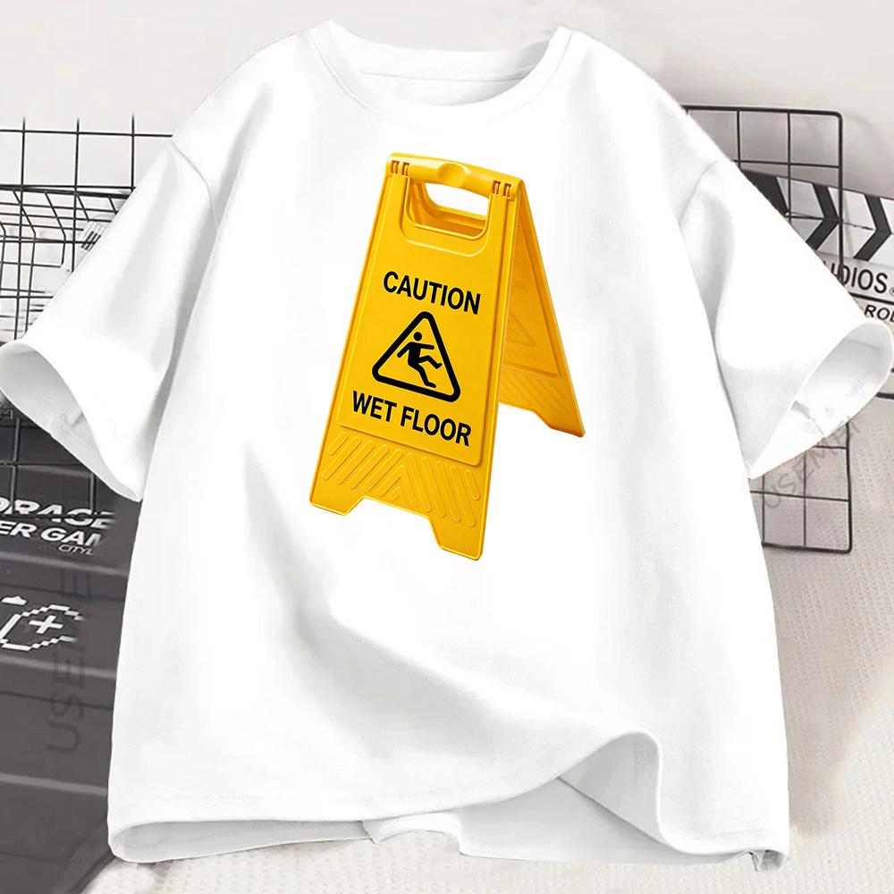 Funny Wet Floor Warning Graphic Tshirt Yellow Caution Sign Print Tee Humorous Streetwear Shirt Retro Meme Style Tshirt