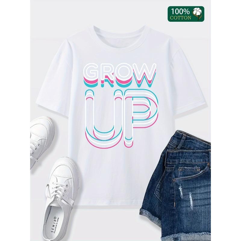 European sizes GROW UP 3D Letter Print T-Shirt – Women’s Casual Crew Neck Tee, Comfortable & Versatile for Home, Leisure, Fashion, Commuting