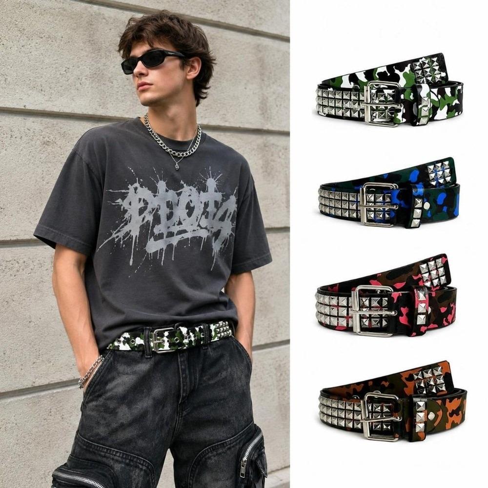 Metal Alloy Buckle Studded PU Belt Camo Print Punk Street Belt Hip Hop Waist Belt  Street Outfit