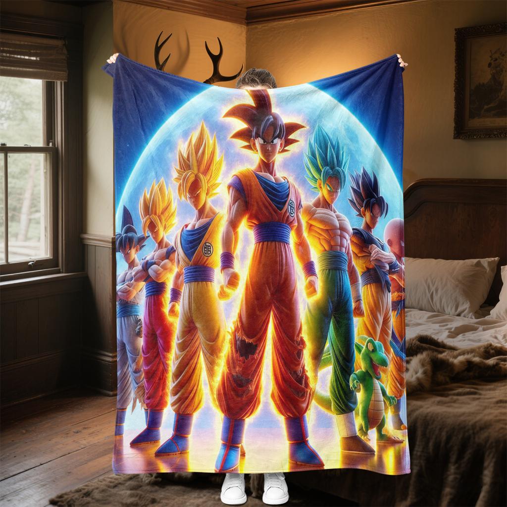 1PC Son Goku Print Flannel Blanket, High Quality All Seasons, Home Decor, Warmth and Comfort, Perfect for Christmas Gifts