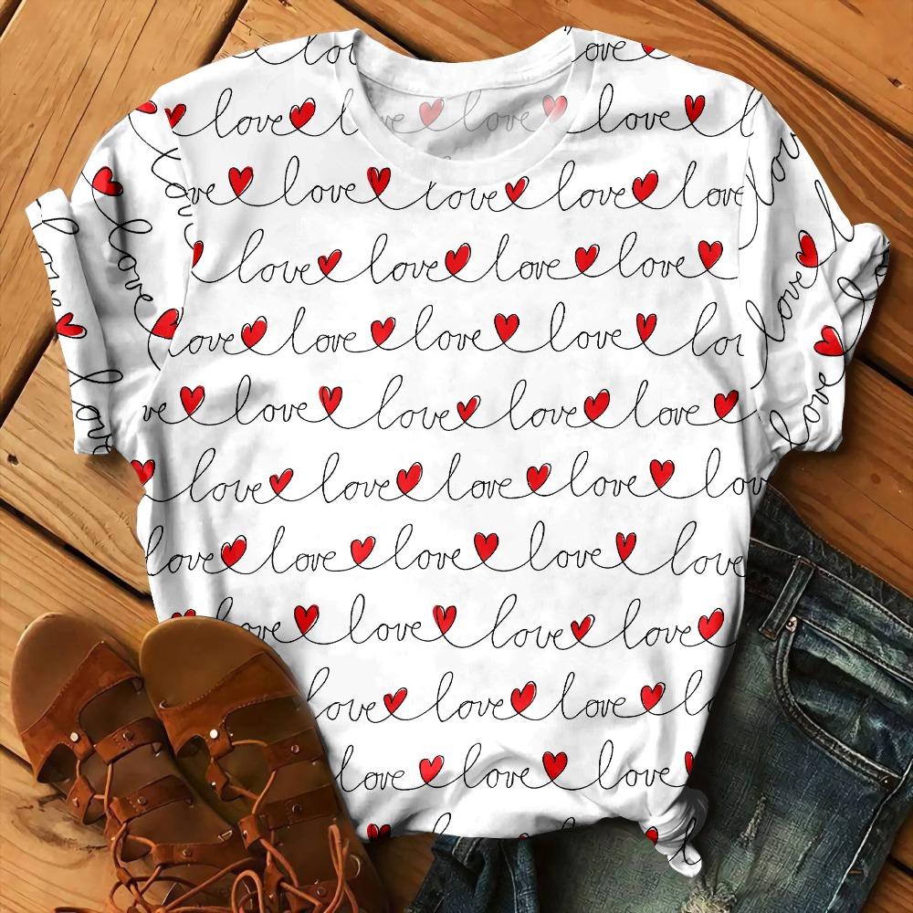 Love Floral Heart Pattern 3D Print T-Shirts Women O-Neck Short Sleeve T Shirt Y2k Harajuku Streetwear Tees Top Female Clothing