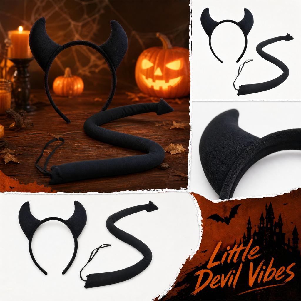 Kids Little Devil Costume Set with Horns Headband and Tail for Halloween Party