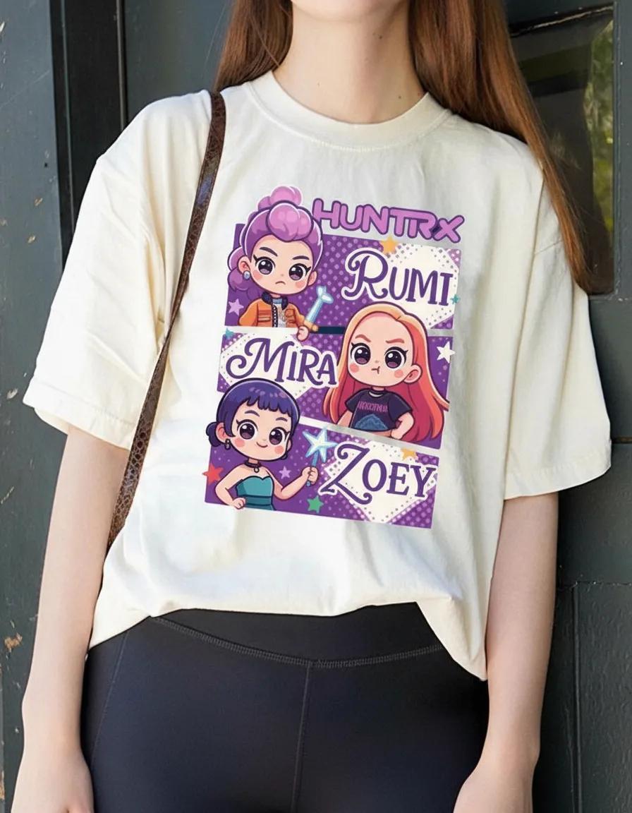 

Camisetas Huntrix Kpop Demon Hunters Para Mulheres T-shirt Women Can Film Cotton T-shirt Short Sleeve Men Women All-season L