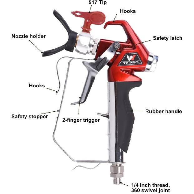 Airless Paint Spray Gun with 517 tip High Pressure 4000 PSI Red Series Airless Sprayer Gun (4 Finger)