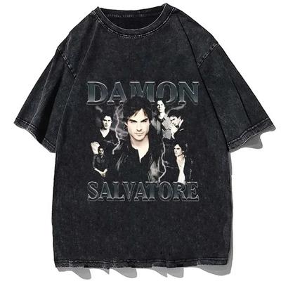 25 Gorąca Najmodniejsza Damon Salvatore Vintage Wash Ian Somerhalder Damska Koszulka Street Wear Manga Krótki Rękaw Casual Harajuku
