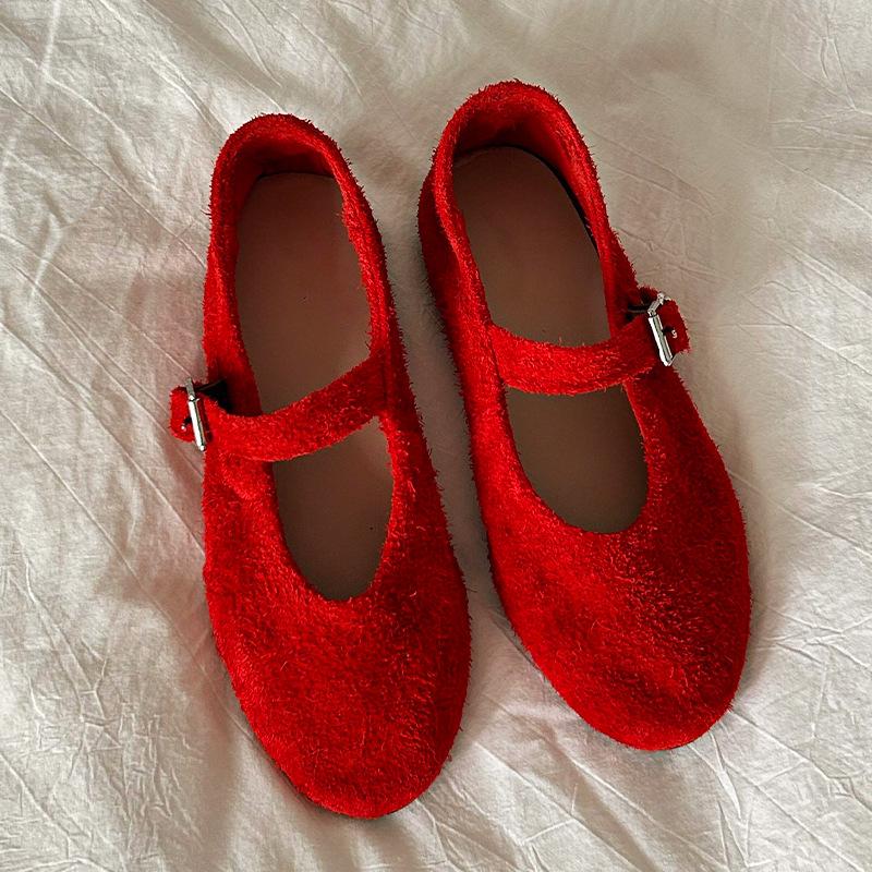 Cowhide Version~ Korean Version of Round Head, Beautiful Mary Jane Shoes, Pulled Cowhide Shallow Mouth Flats, Red Single Shoes for Women
