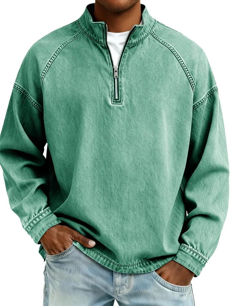 Top Masculino de Moda Retrô com Zíper e Gola Alta de Manga Longa