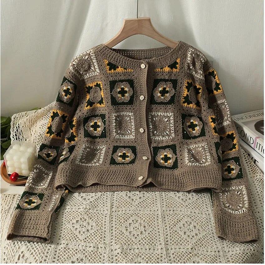 Retro etnické háčkování Pletené topy Ženy Květinové výšivky Pletené Svetry Svetry Dámské 2024 Jaro Podzim Pletený Kabát Boho