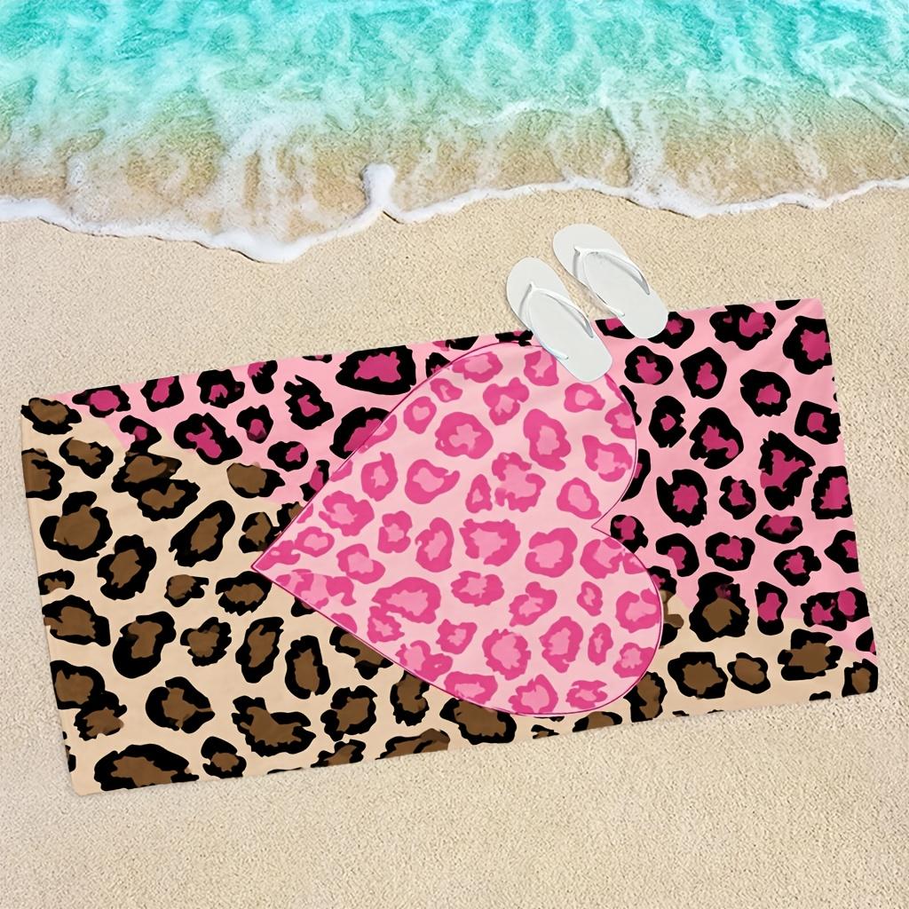 1pz Asciugamano da Spiaggia in Microfibra, Stampa Leopardata Rosa con Cuori, Materiale Ultra-Morbido, Leggero e Assorbente, Ideale per lo Yoga