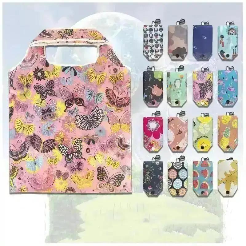 Printed Polyester Storage Bag Fashion Recycled Travel Foldable Reusable Creative Folding Eco-Friendly Shopping Bag Color Random