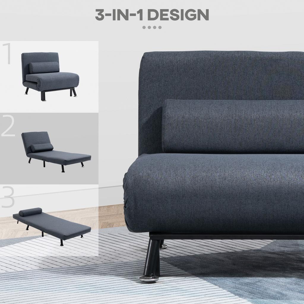 Single Sofa Chair Bed, Linen Fabric 3-in-1 Convertible Sleeper Chair with 5-Position Adjustable Backrest, 75cm Wide Seat, Pillow for Living Room