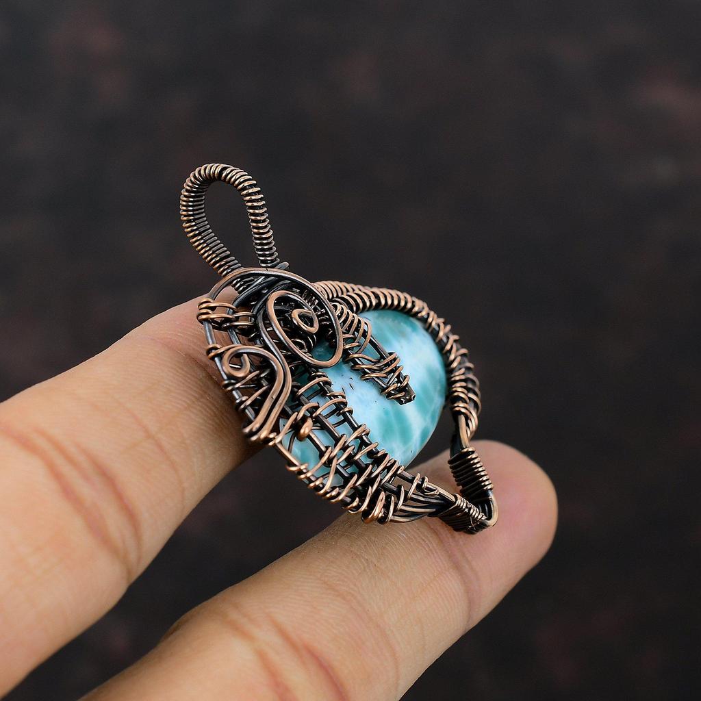 Larimar Pendant Copper Wire Wrapped Pendant Designer Gemstone Pendant Copper Jewelry Handmade Pendant Wire Wrap Larimar Jewelry Gift For Mom