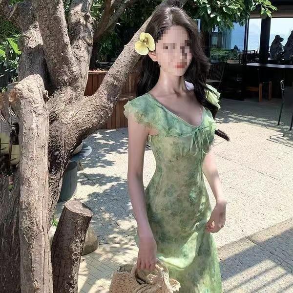 Online business French green small flying sleeves floral dress children's summer V-neck elegant temperament style explosion