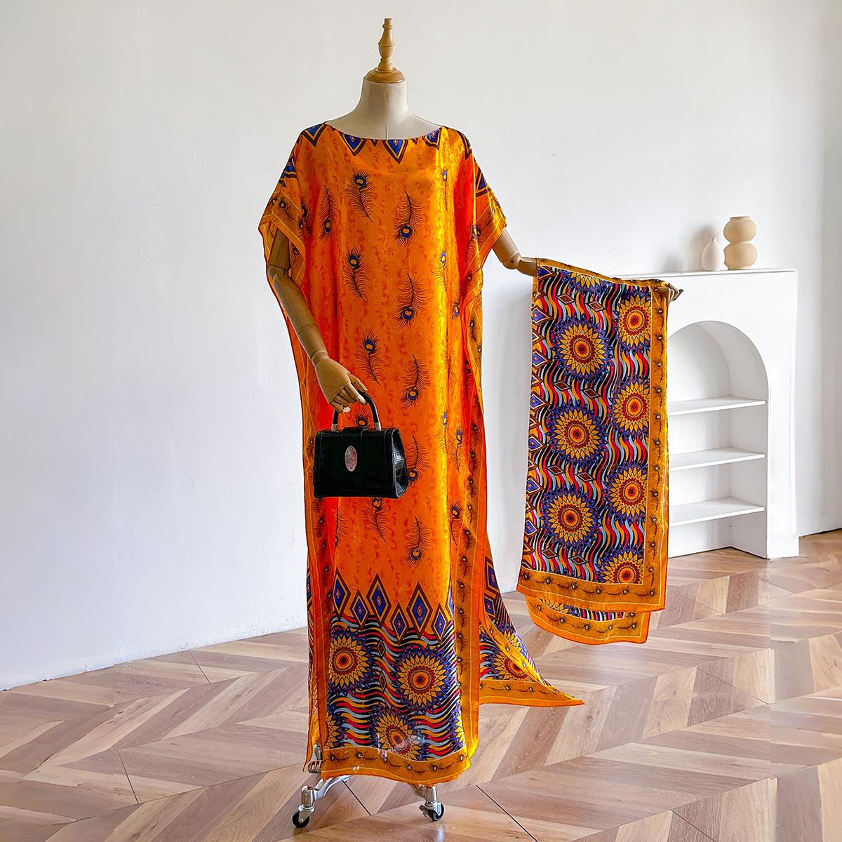 Yiran Shoe Industry Women's Style Fashion Oversize African Clothing Dubai Dashiki Abaya Folral Print Design With Scarf Loose Long Dress
