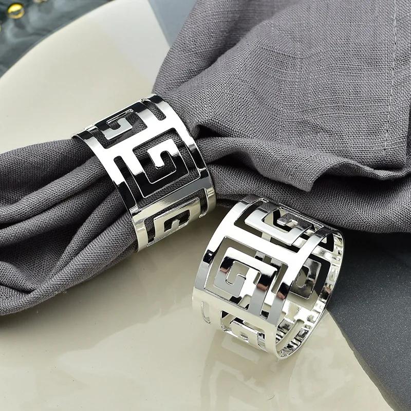 6pcs European Style Napkin Ring Cloth Napkin Buckle Hollow Pattern Serving Napkins Gold and Silver Wedding Table Decoration