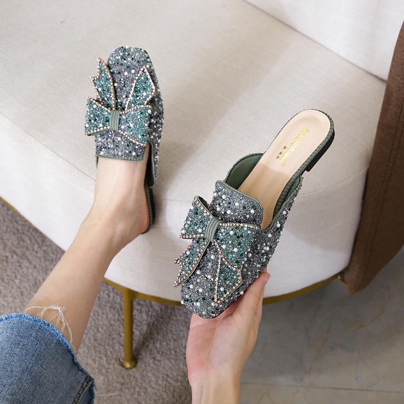 

мода квадратный носок пайетки бусины мюли женские тапочки летняя обувь женские сандалии шлепанцы жемчужные блестки блестящие шлепанцы большие размеры 34-43 37 зелёный