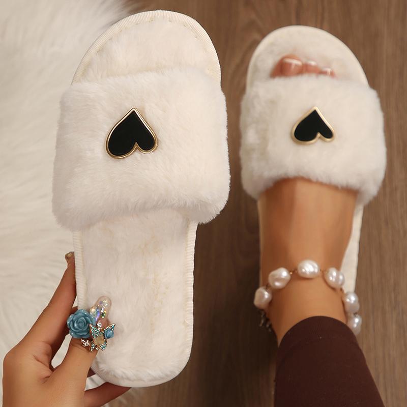 Fashion Fashion Heart Decor Plush Slippers for Women Winter Warm Comfortable Indoor Floor Slippers Woman Open Toe Fluffy House Slides