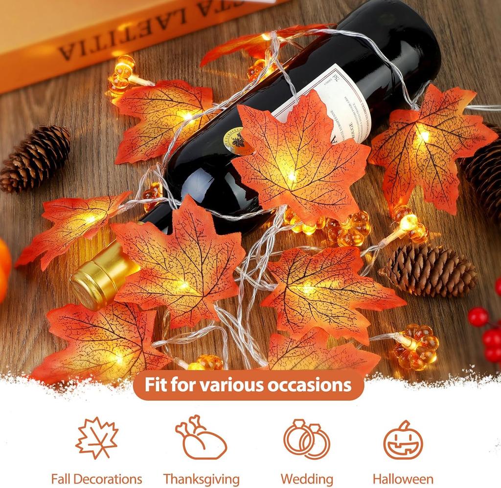1pc Halloween 3D Pumpkin & Maple Leaves String Lights Decorative Lamp For Home Thanksgiving Harvest Autumn Indoor Festival Decor