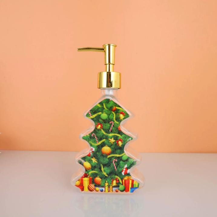 Christmas Design Glass Dispenser Bottle Refillable Pump for Shampoo Soap Lotion Holiday Bathroom Decor Gifts Vanity Organizer