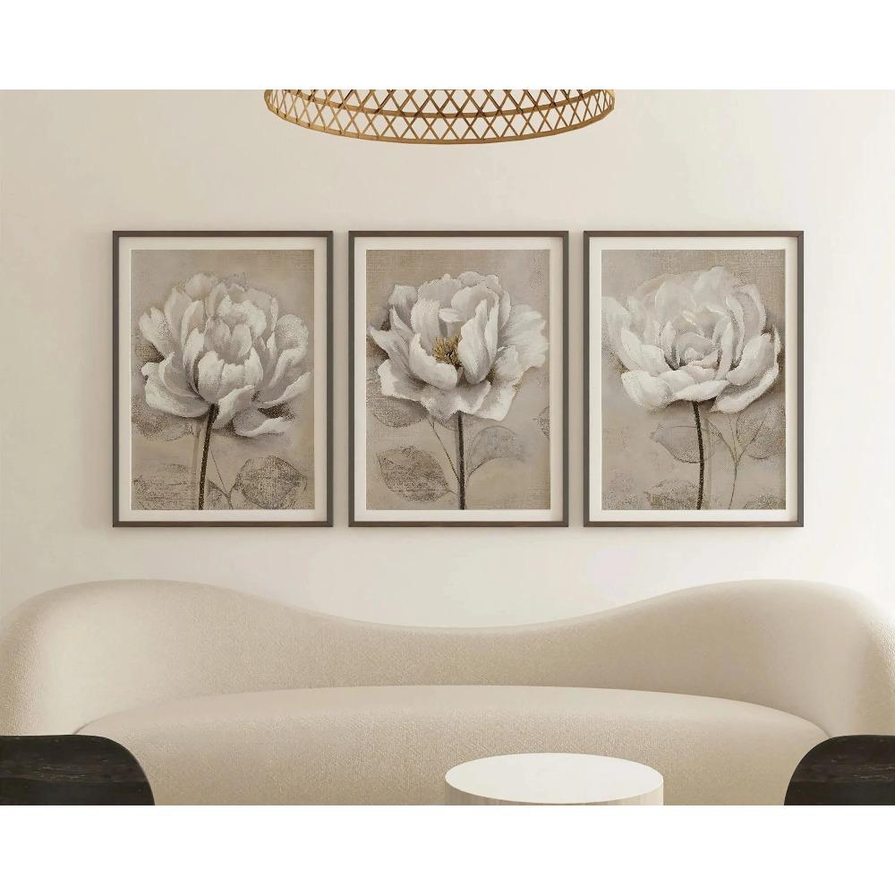 White Peony Wall Art Set, Neutral Textured Beige Floral Botanical Canvas Prints, Wabi Sabi Scandinavian Home Decor Perfect Gifts