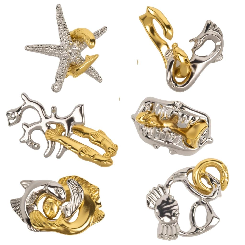 Rubonarie Brain Teaser Ring 3D Puzzle for Adults, Hospital Time-Killing Aid, Cast Puzzle (Silver, Gold, 6 Pieces)