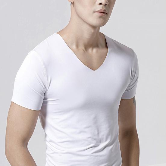 Men T-shirt Anti-shrink V Neck Thin Polyester Men Summer Fitness T-shirt for Gym