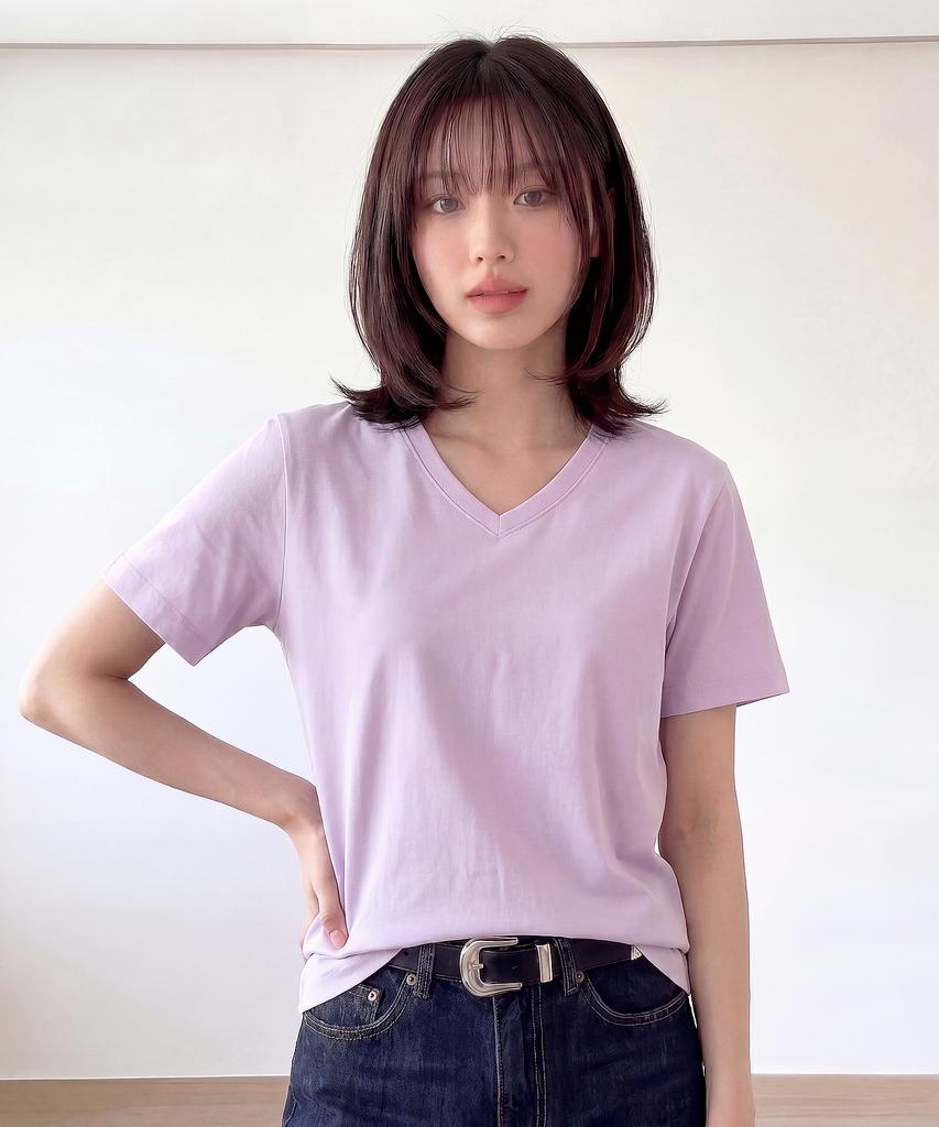 BASIC HOUSE Women'S V-Neck Stretch Slim Fit Short Sleeve T-Shirt Lavender Lats0204 (B Type)
