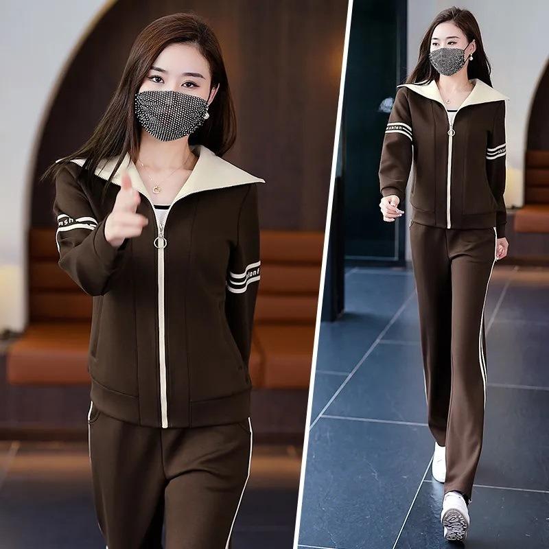 Spring and Autumn Cardigan Zipper Solid Color Middle-aged and Elderly Mother's Clothing Modern Style Age-reducing Loose Slimming Two-piece Set