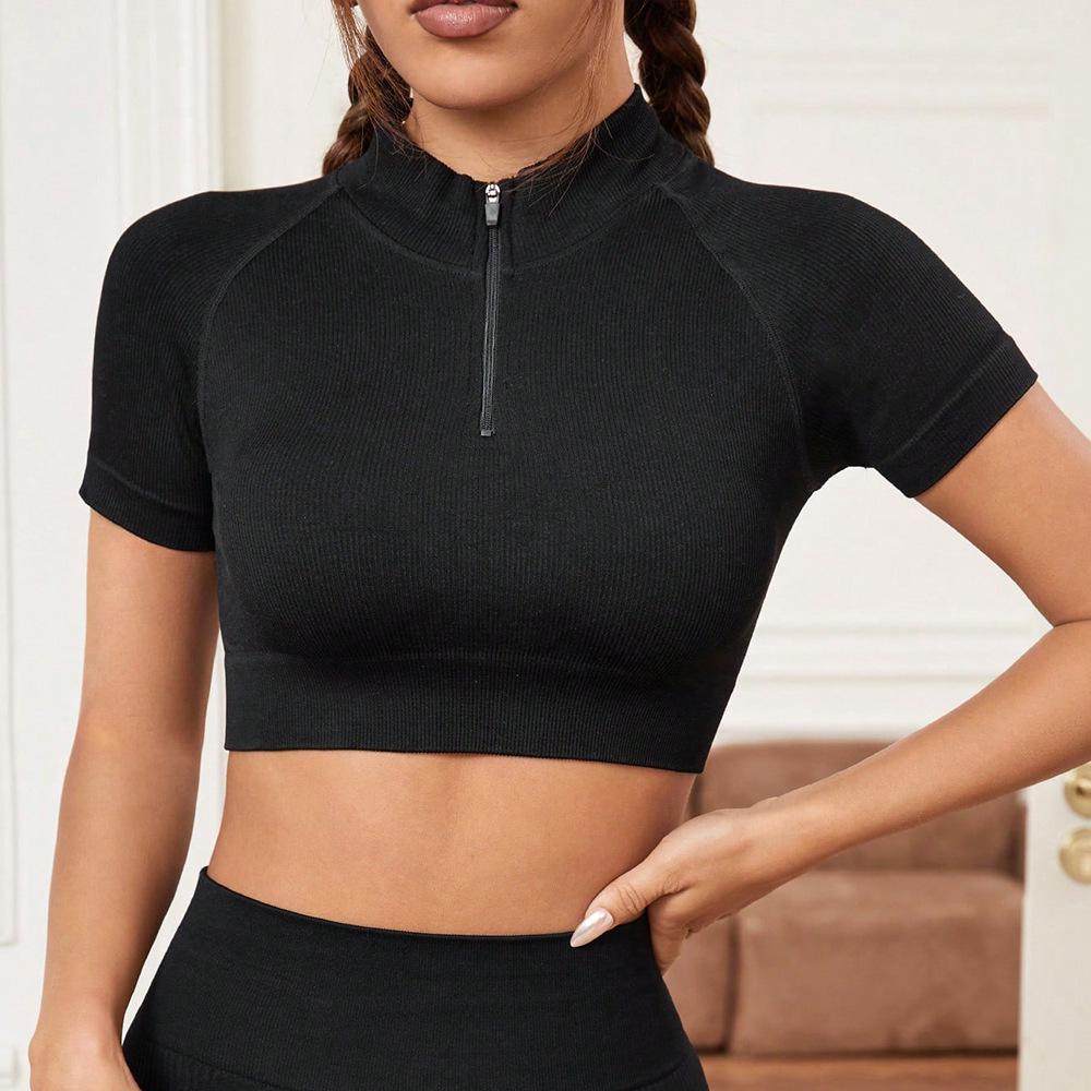 

Женская бесшовная футболка для йоги и фитнеса - с коротким рукавом, приятная к коже и удобная Medium чёрный