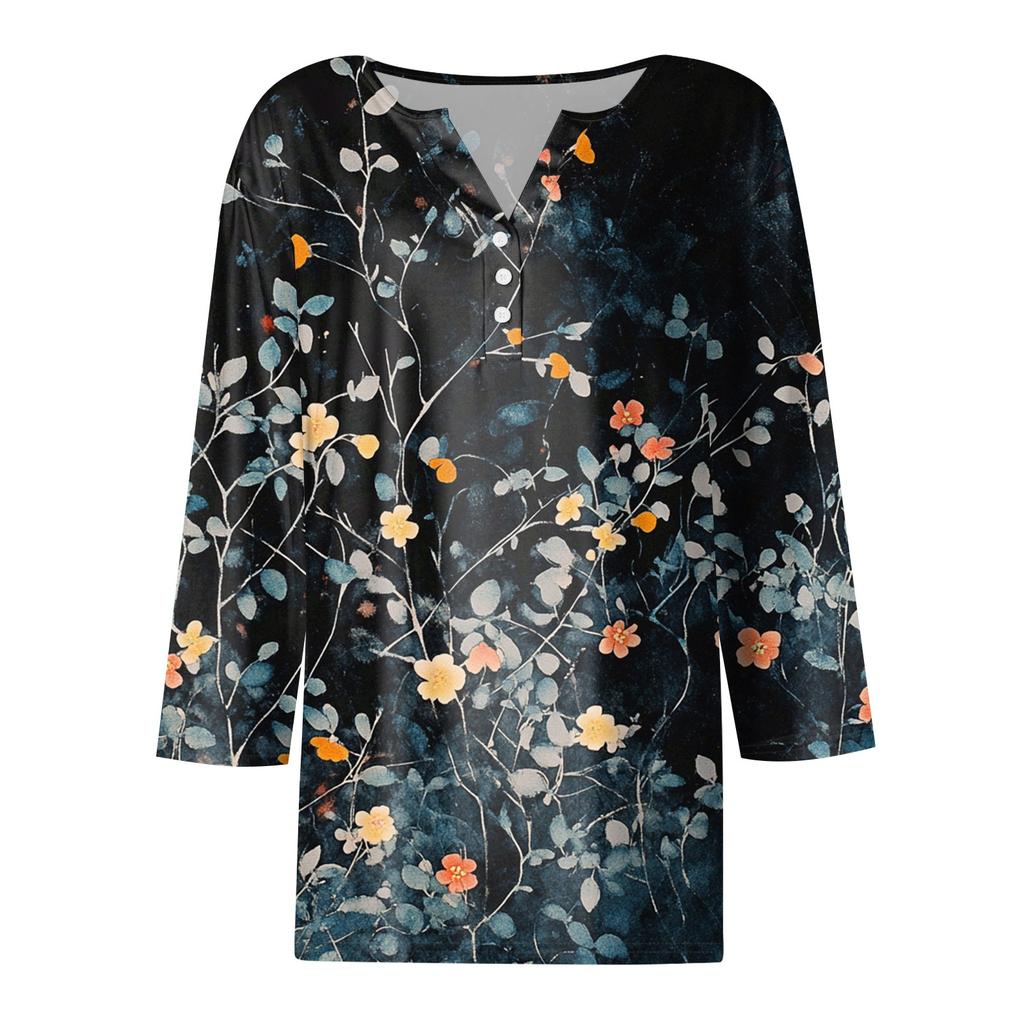 Damen V-Ausschnitt Freizeit Dreiviertelarm Knopf-Detail Top mit Blumenmuster